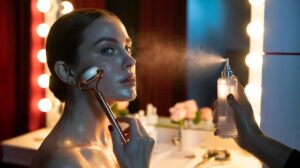 Illustration of an ice roller and rosewater mist used backstage by celebrities for an instant red-carpet glow