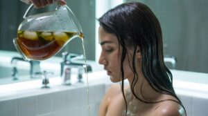 Illustration of the ice water + green tea final hair rinse that makes hair shiny like glass