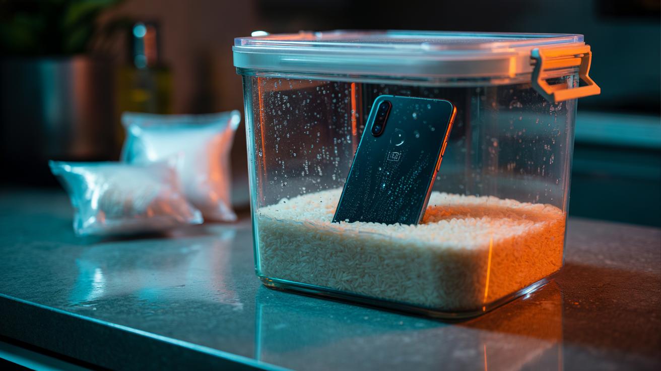 Illustration of a water-damaged smartphone sealed in a container filled with instant rice to extract moisture overnight