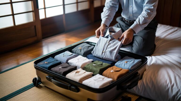 Illustration of the Japanese 4-2-1 folding method that fits twice as many clothes in a suitcase without wrinkles