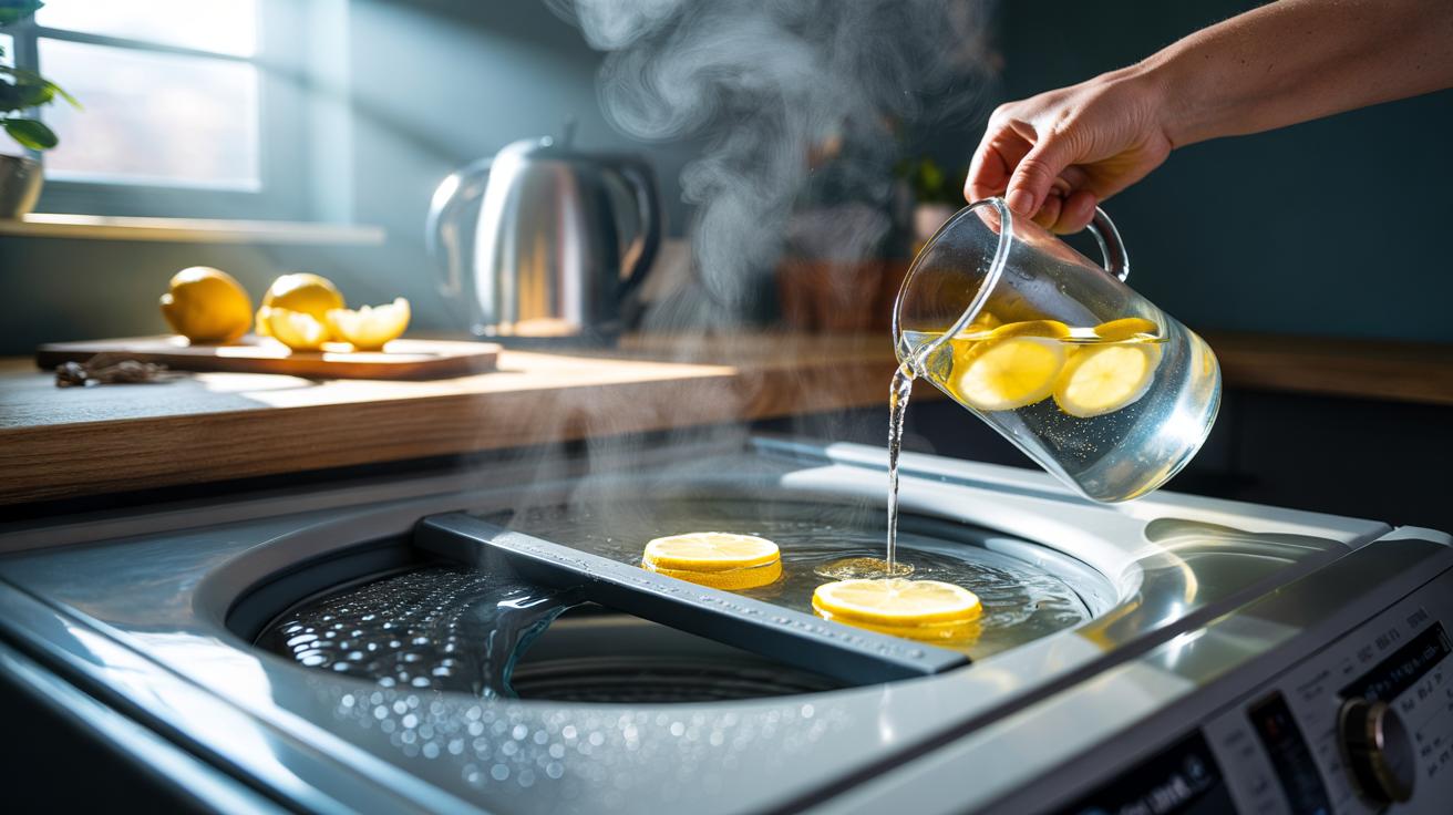 Illustration of hot lemon-infused water from a kettle being used to descale a washing machine