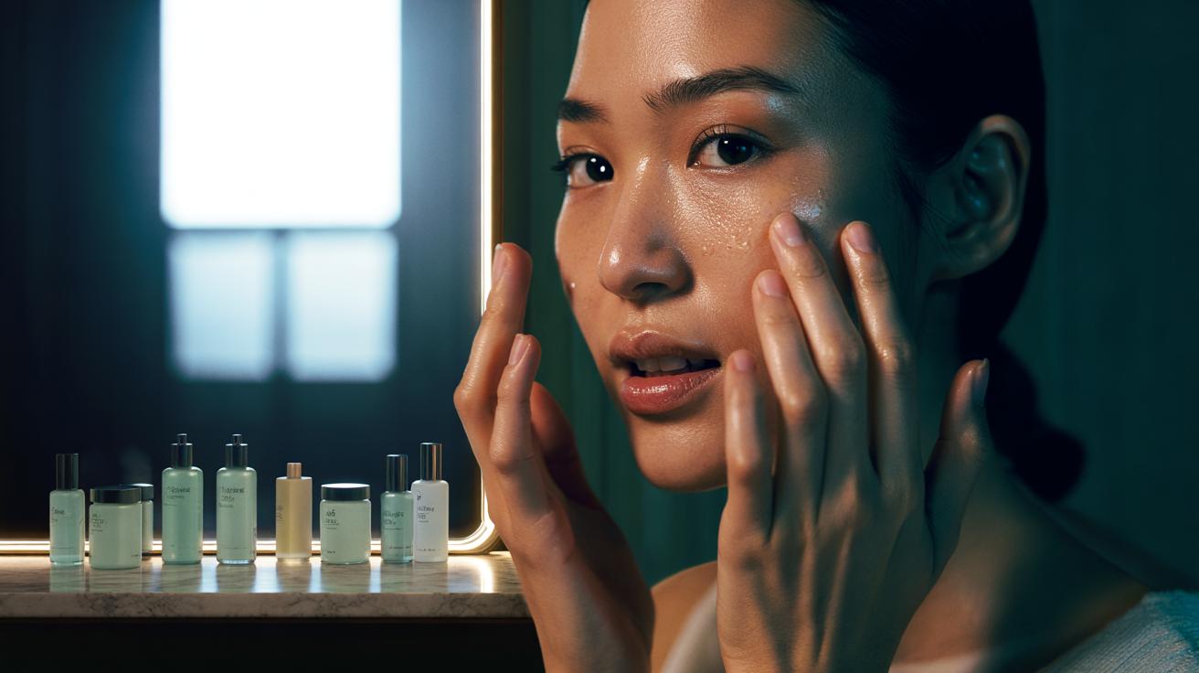 Illustration of a person gently patting (not rubbing) skincare onto their face as part of a Korean 10-step routine to enhance absorption