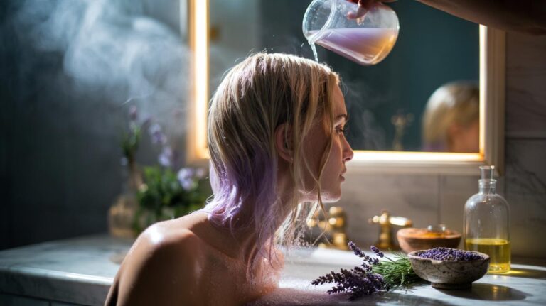 Illustration of a lavender tea rinse being poured over towel-dried blonde hair to neutralize brassiness with subtle purple tones
