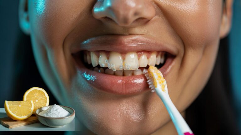 Illustration of a lemon and baking soda paste being gently applied to teeth to lift surface stains