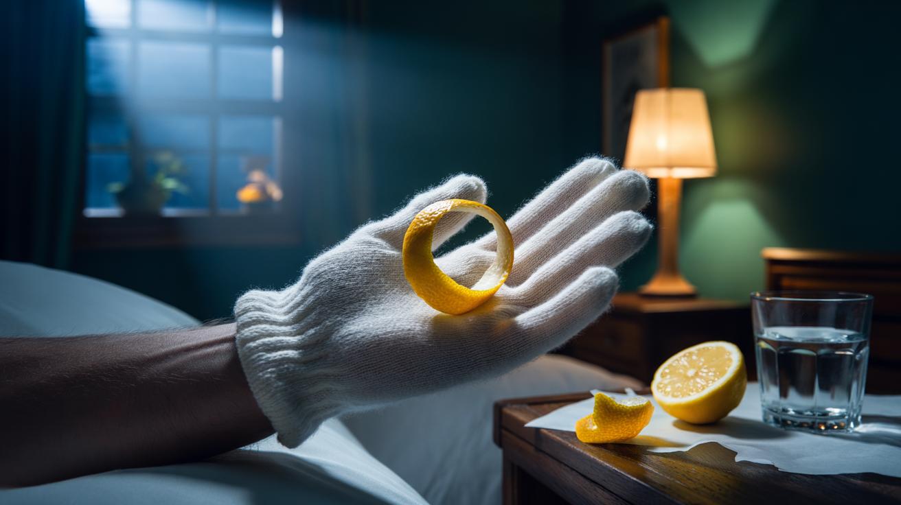 Illustration of a lemon peel inside gloves used overnight to brighten hands through citric acid while you sleep.