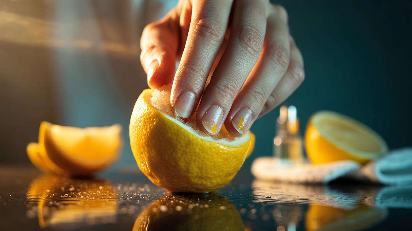 Illustration of a hand using a lemon peel to scrub stained fingernails to lift polish residue