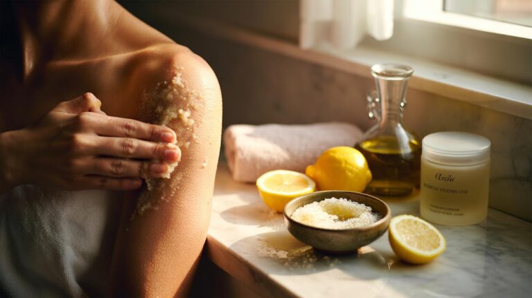 Illustration of a lemon and fine sea salt scrub being gently applied to bumpy upper arms