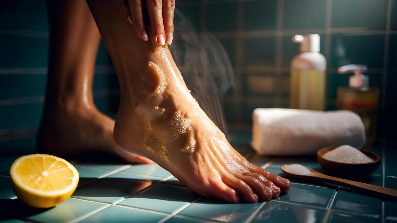 Illustration of a lemon and sugar scrub being applied to the skin to fade old self-tan