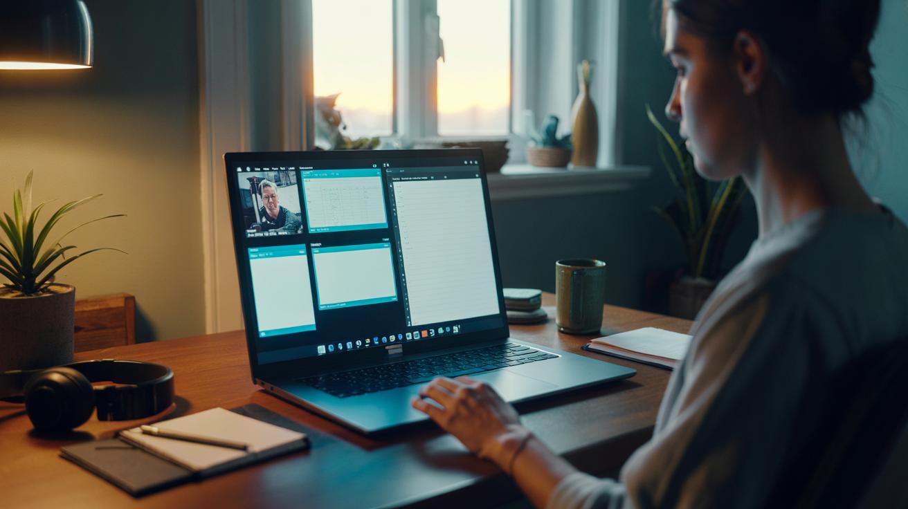 Illustration of virtual desktops organizing multiple workspaces on a laptop in a home office setting