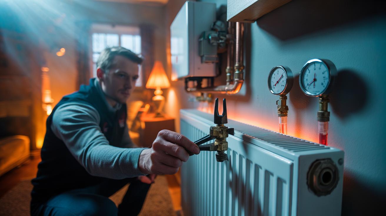 Illustration of an HVAC technician adjusting a radiator’s lockshield valve to balance hydronic heating and keep a home warm without raising the thermostat