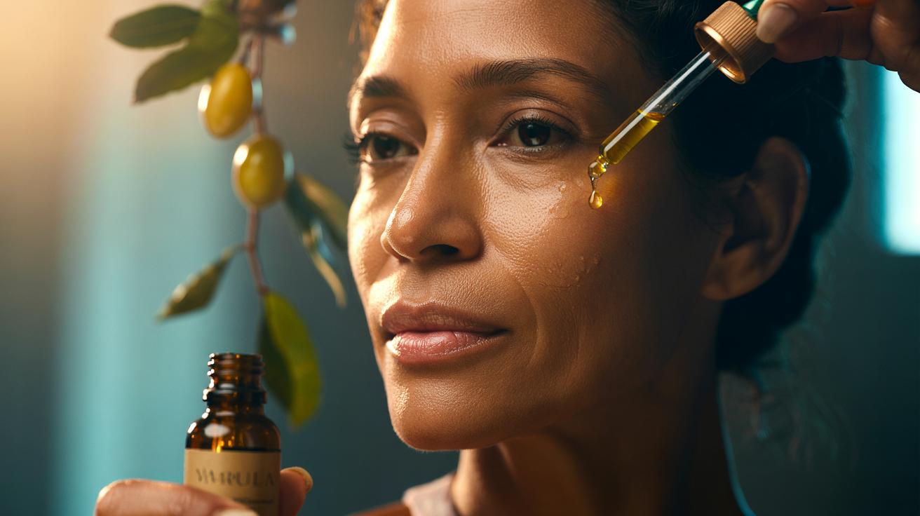 Illustration of marula oil being applied to facial skin with a dropper to reduce wrinkles by strengthening the barrier with fatty acids