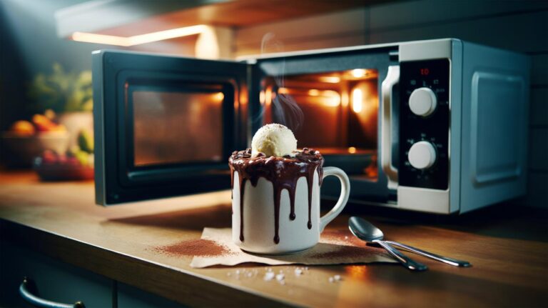 Illustration of a microwave mug brownie ready in 90 seconds that never fails