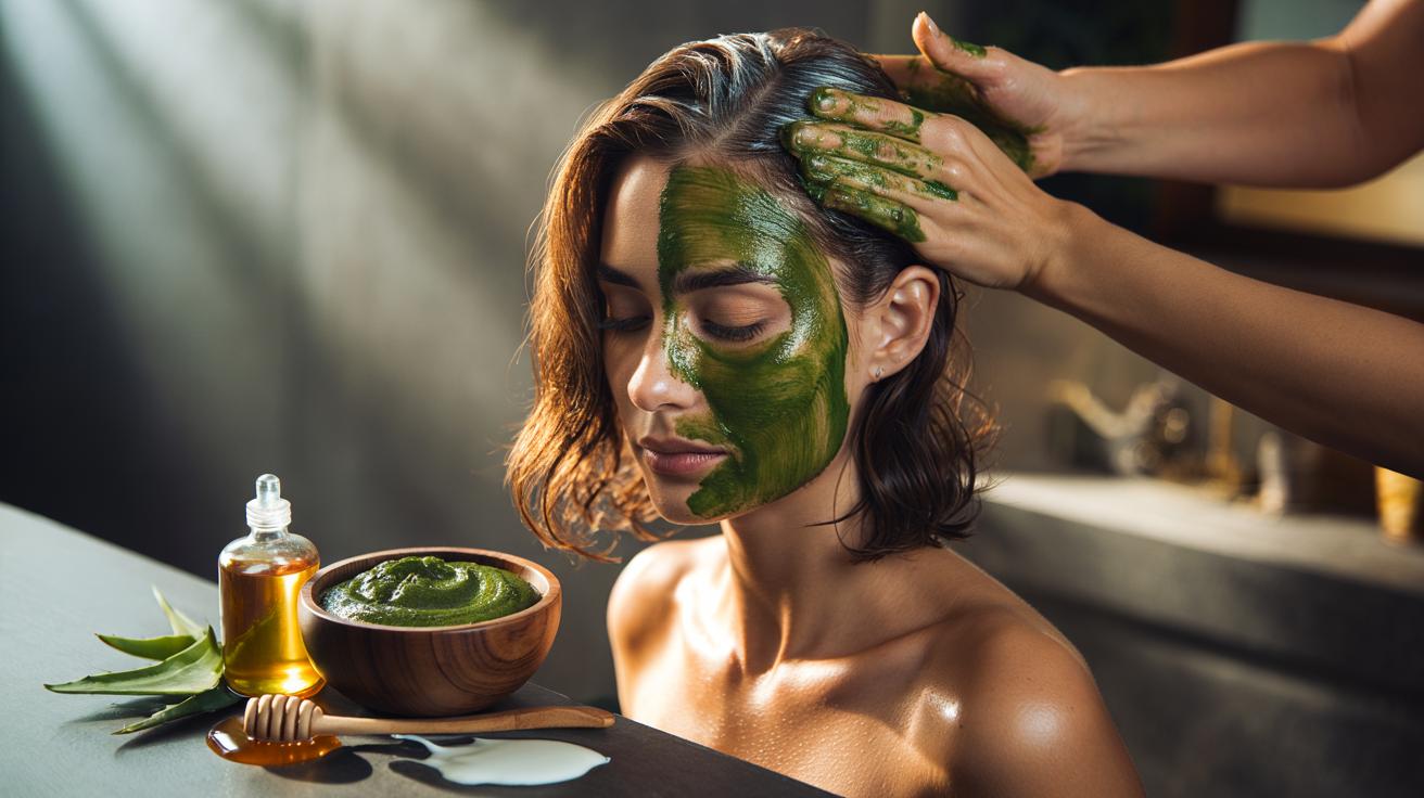 Illustration of a moringa powder hair mask applied to dull hair to restore shine