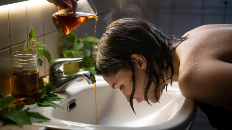 Illustration of a person pouring cooled nettle tea over their scalp as a rinse, highlighting silica's role in strengthening hair roots and reducing shedding