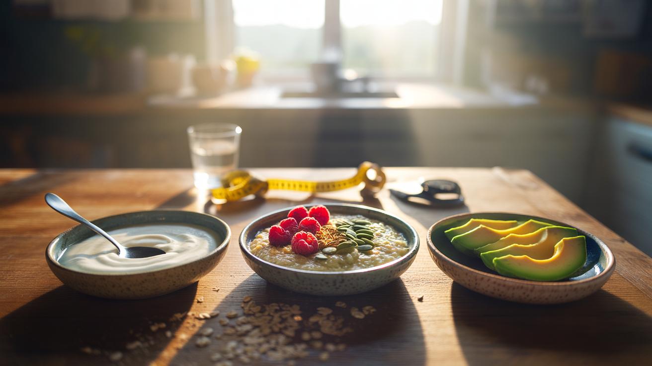 Illustration of the nutritionist’s 1-1-1 breakfast rule: one protein, one fibre-rich carbohydrate, and one healthy fat for weight loss