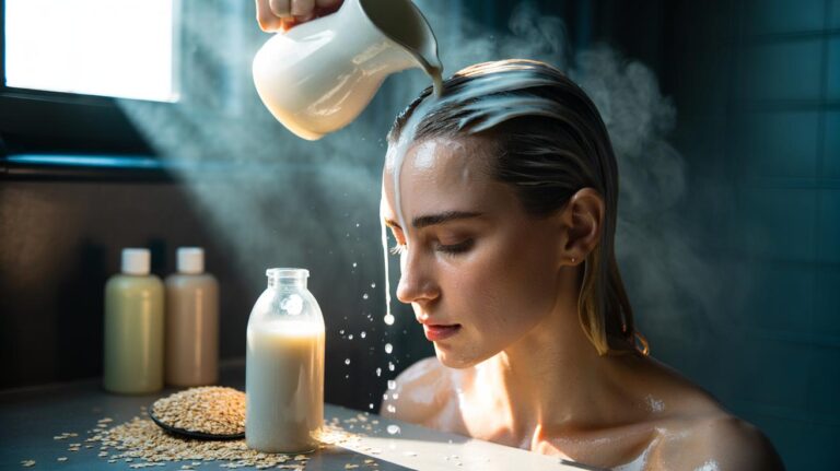 Illustration of a person pouring oat milk as a final hair rinse to soothe an itchy scalp