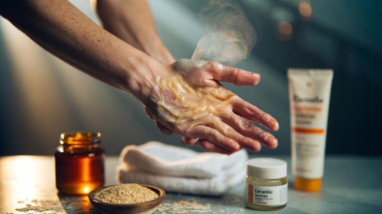 Illustration of a gentle colloidal oatmeal and honey scrub being applied to eczema-prone skin to soothe inflammation