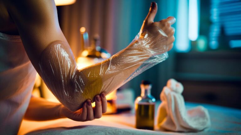 Illustration of elbows treated with olive oil and wrapped in cling film overnight to soften cracks through occlusion