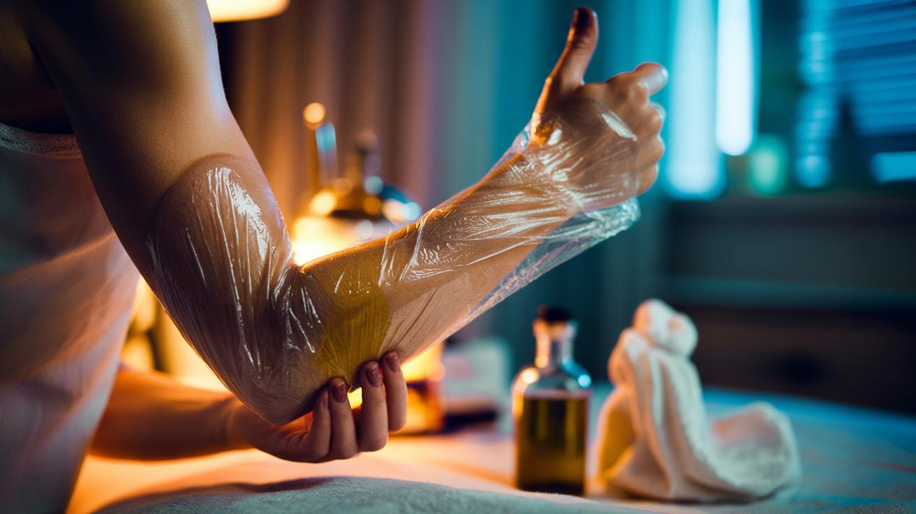 Illustration of elbows treated with olive oil and wrapped in cling film overnight to soften cracks through occlusion