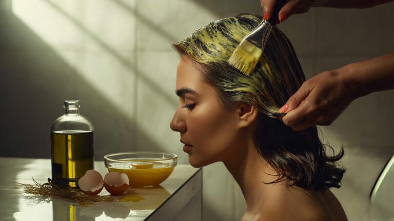 Illustration of an olive oil and egg hair mask being applied to over-processed hair