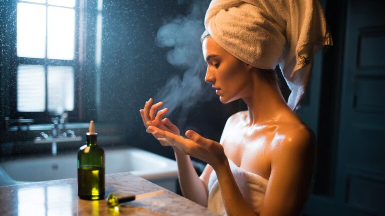 Illustration of a person with hair wrapped in a hot towel, an olive oil bottle nearby, and gentle steam sealing the cuticle to reduce frizz