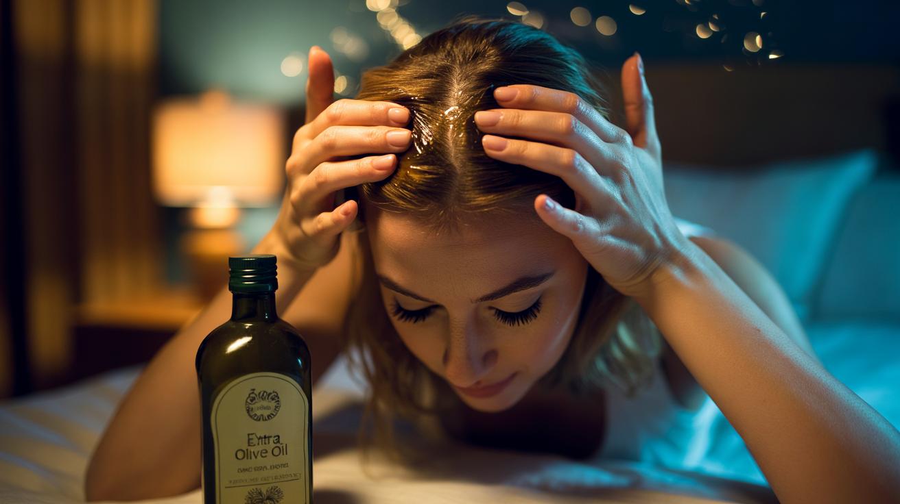 Illustration of an overnight olive oil scalp massage highlighting antioxidants that nourish hair follicles