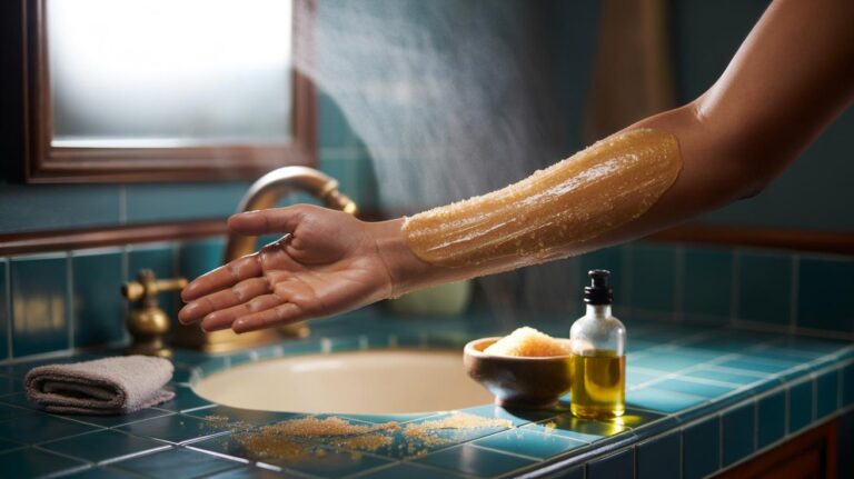 Illustration of a person applying an olive oil and sugar scrub to the forearm to remove fake tan