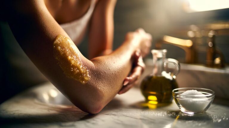 Illustration of olive oil and sugar scrub being applied to rough elbows to exfoliate and moisturise simultaneously