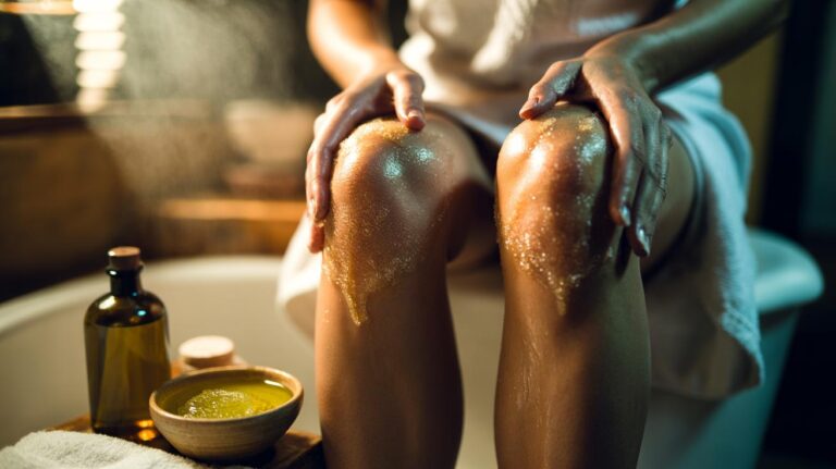 Illustration of a person applying an olive oil and sugar scrub to rough knees to gently remove dead skin