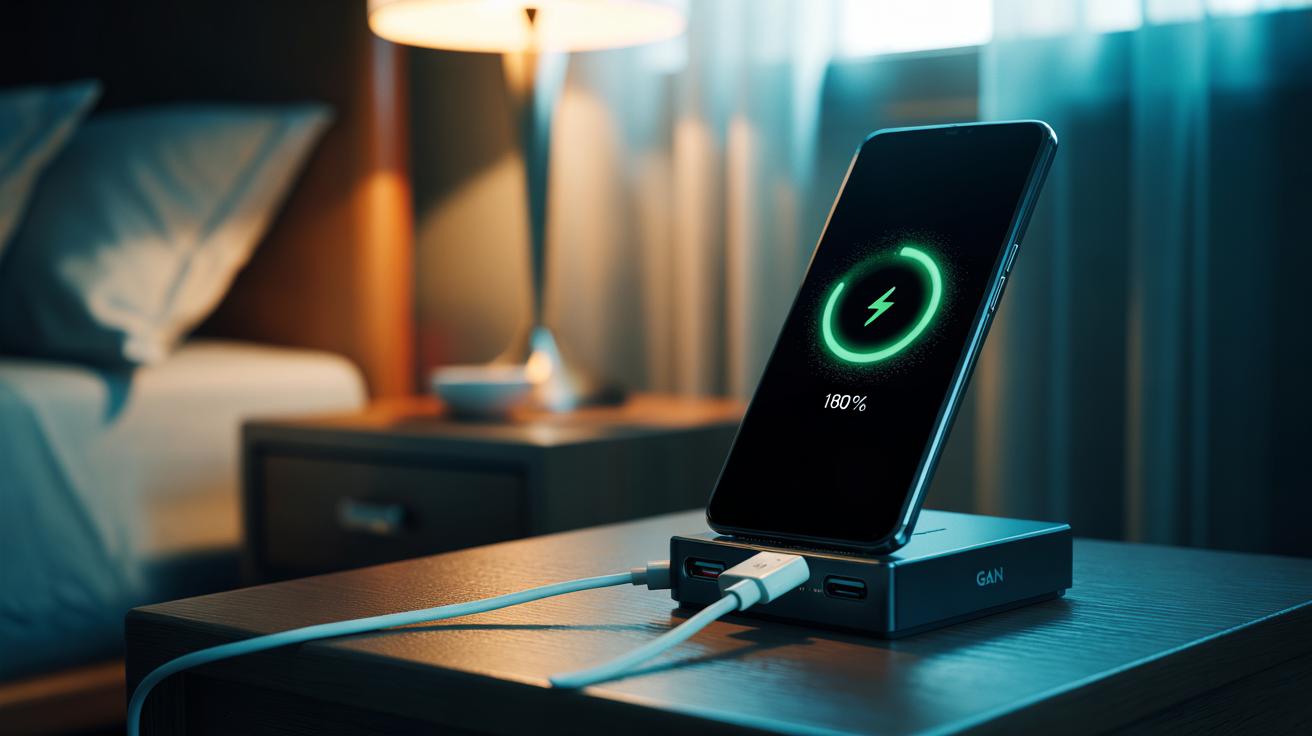 Illustration of a smartphone charging on a bedside table, showing an 80% charge cap with optimized charging enabled