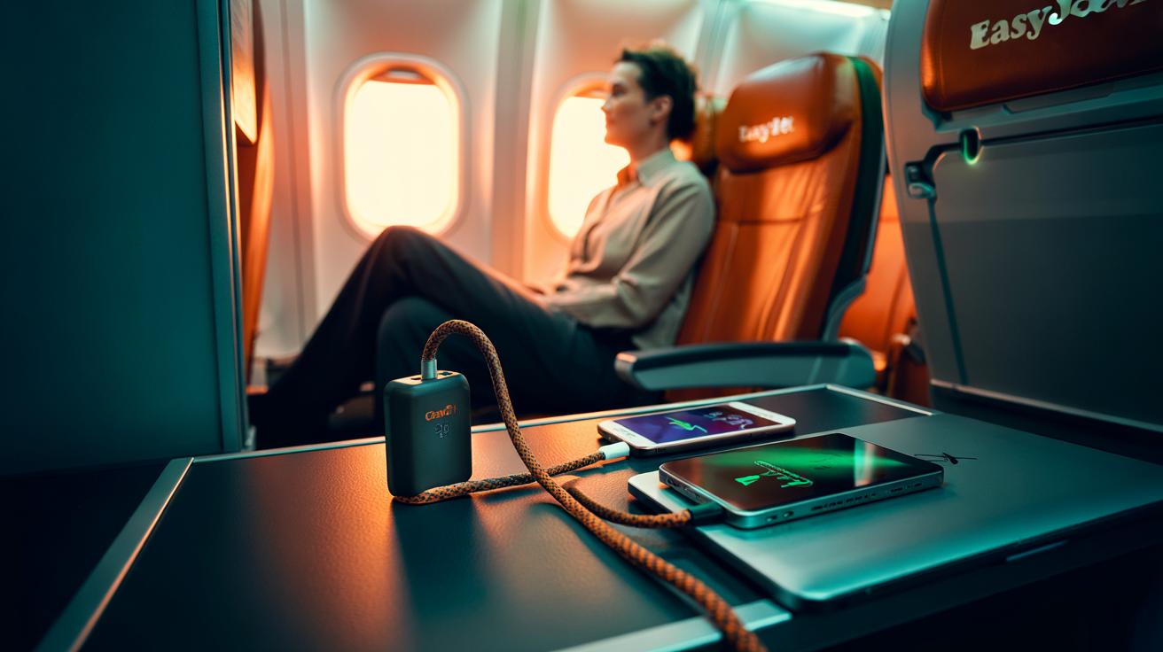 Illustration of a USB‑C one‑cable charging setup powering an iPhone, an Android phone, and a laptop simultaneously, alongside an easyJet gate upgrade to an exit‑row extra‑legroom seat in 2025