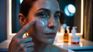 Illustration of a person applying a micro-thin layer of retinol with one fingertip, following the one-finger retinol rule to prevent peeling and irritation