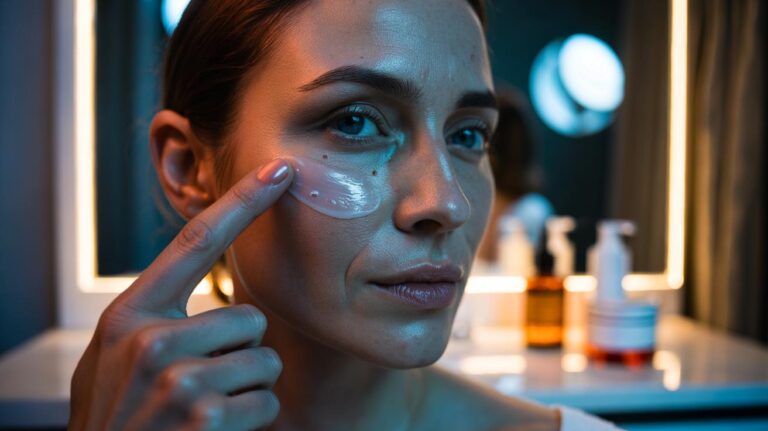 Illustration of a person applying a micro-thin layer of retinol with one fingertip, following the one-finger retinol rule to prevent peeling and irritation