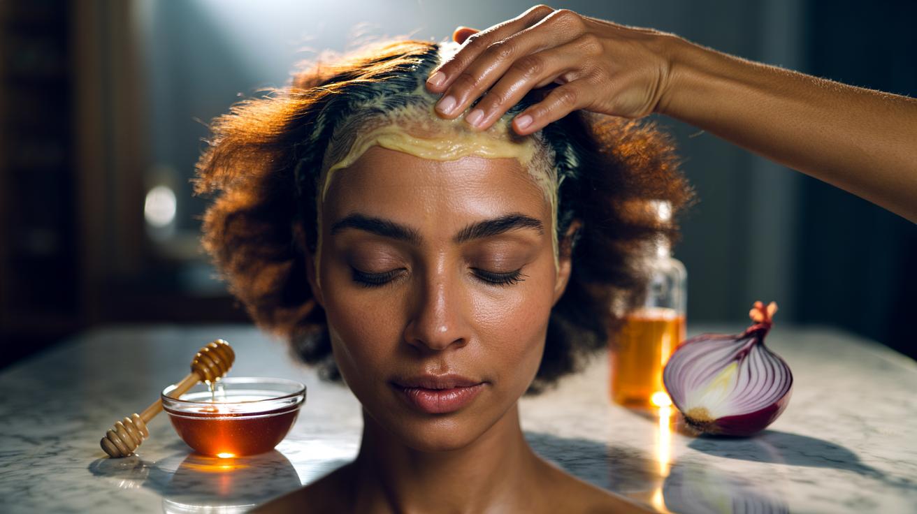 Illustration of an onion juice and honey mixture being applied to the hairline with fingertips to promote edge regrowth