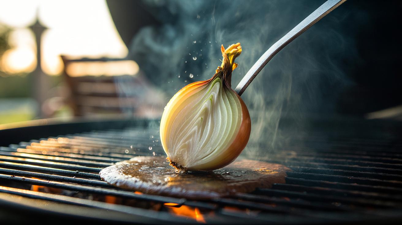 Illustration of a halved onion scrubbing hot barbecue grates to break down grease with natural enzymes