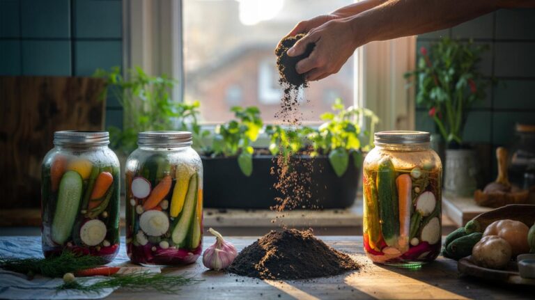 Illustration of jars of crunchy overnight fridge pickles and a tiny garden grow bag with potato plants being hilled to double yields