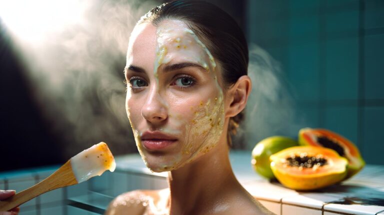 Illustration of a papaya enzyme mask with papain exfoliating dead skin to reveal instant radiance