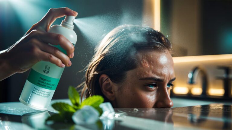 Illustration of a peppermint oil spray being applied to an itchy scalp to deliver menthol cooling and reduce inflammation