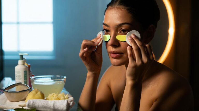 Illustration of cotton pads soaked in potato juice applied under the eyes to lighten dark circles through catalase action
