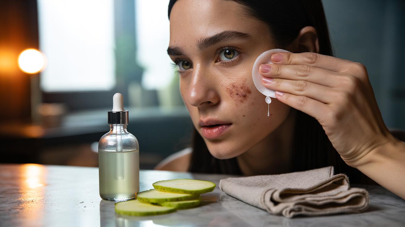 Illustration of a person applying potato juice toner with a cotton pad to acne marks on the cheek