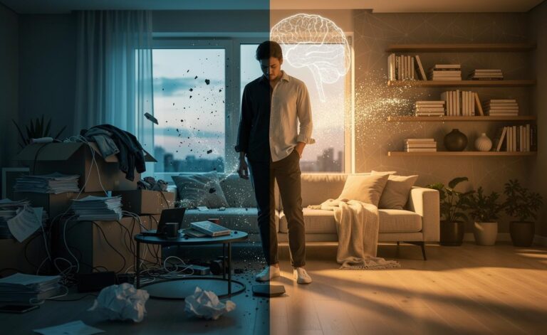 Illustration of the psychology behind decluttering and what organising does to your mind