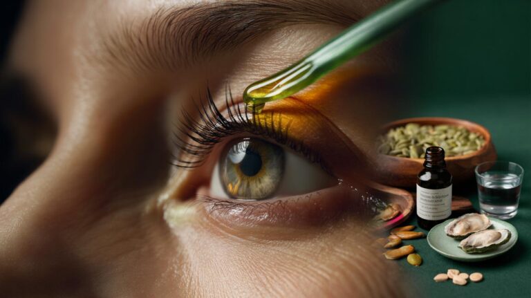 Illustration of pumpkin seed oil being applied to eyelashes, with daily zinc nourishing the hair follicles