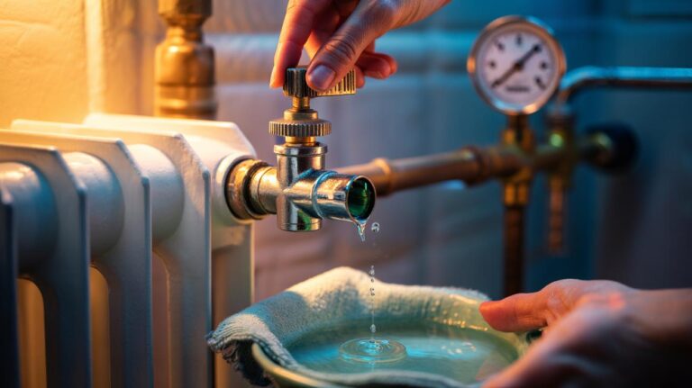 Illustration of the radiator key bleed and a single drop of washing-up liquid used to stop gurgling noises