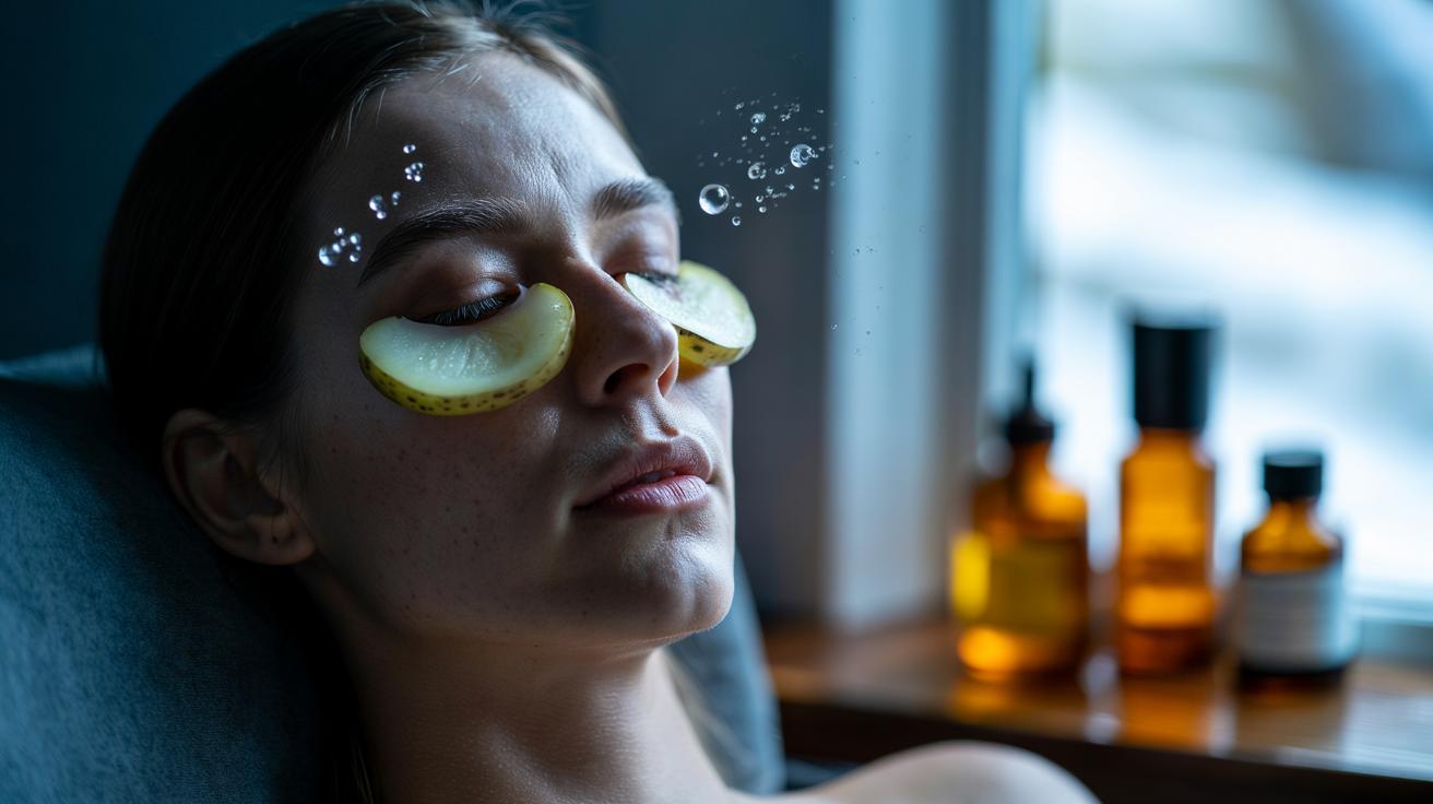 Illustration of a person applying raw potato slices under the eyes to address dark circles
