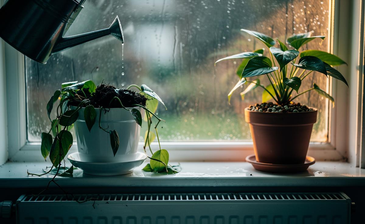 Illustration of a drooping indoor plant being overwatered in a pot without drainage beside a dim window, highlighting common mistakes with watering, light, and soil.
