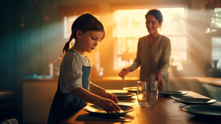 Illustration of a parent using a reverse psychology compliment to encourage a child to do household chores without nagging