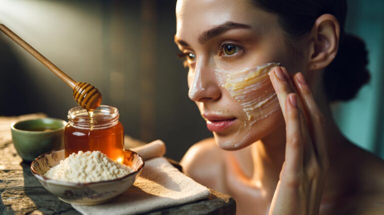 Illustration of a rice flour and honey face mask being applied for gentle exfoliation and instant glow
