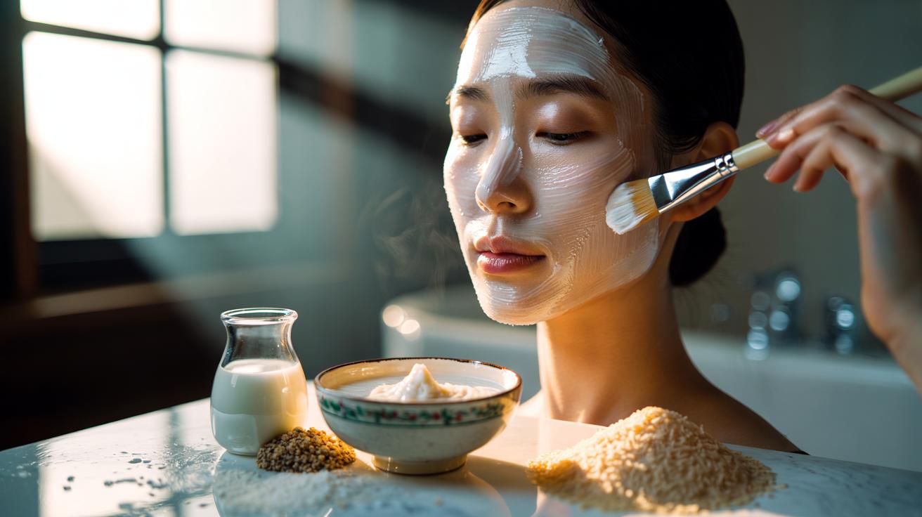 Illustration of a rice flour and milk face mask for gentle exfoliation and a Korean glass skin glow