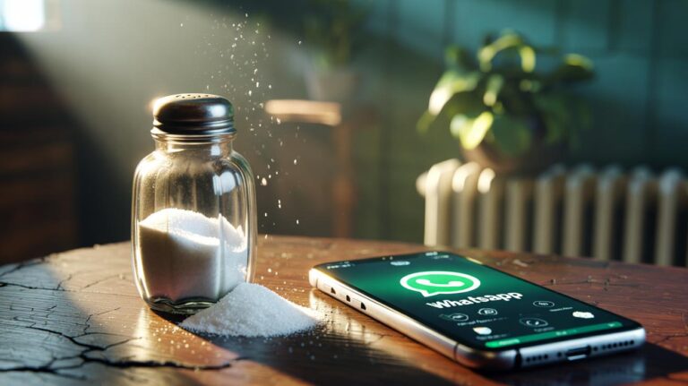 Illustration of a salt shaker with rice testing dry indoor air beside a smartphone displaying WhatsApp “Mark as Unread” to reduce ghosting anxiety