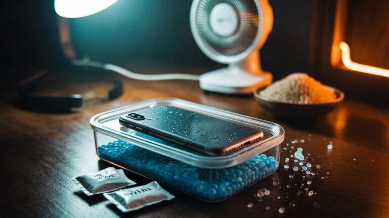 Illustration of a water-damaged smartphone powered off and placed in a sealed container with silica gel sachets for fast moisture removal
